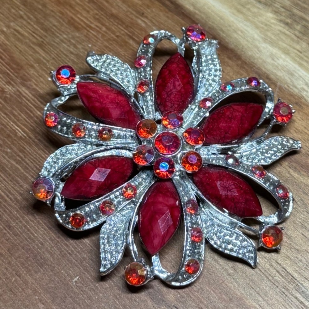 Vintage Silver Tone Red Flower Brooch Aurora Borealis Rhinestone Floral Pin